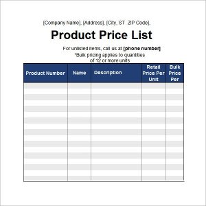 Business Price sheet Template 