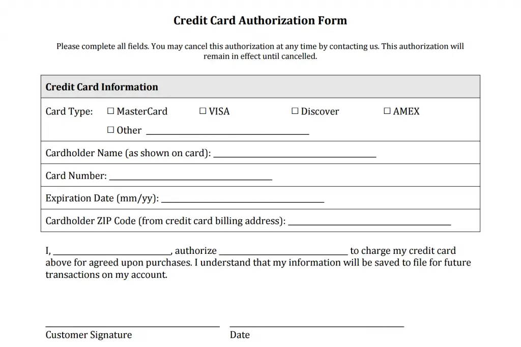 credit card authorization form