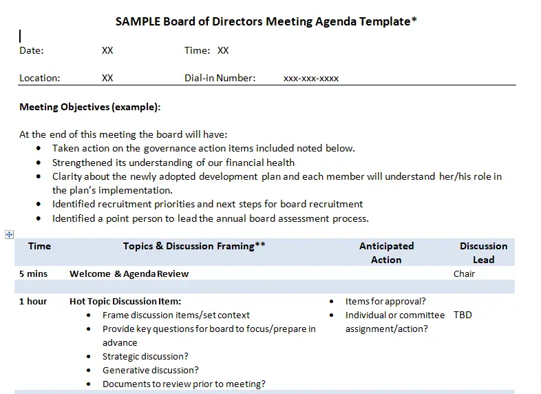 board meeting agenda template