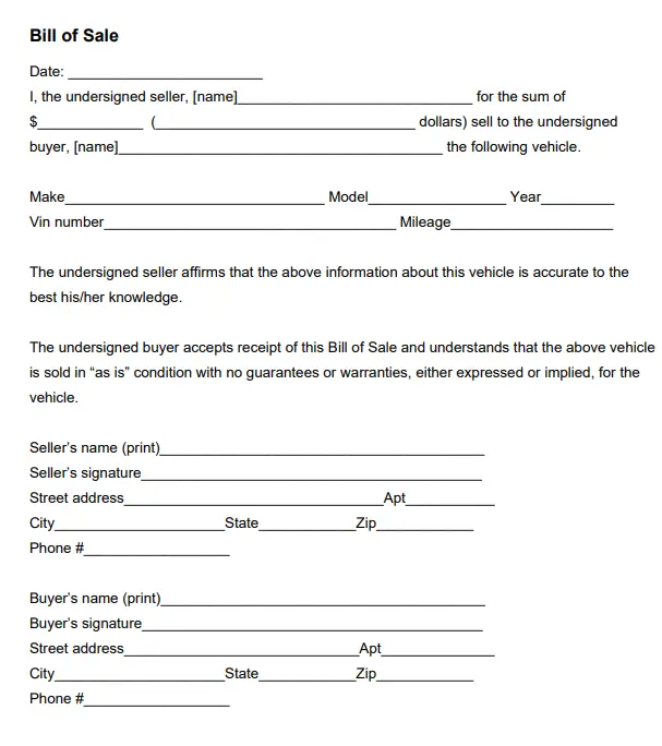 motor vehicle bill of sale form with odometer disclosure statement