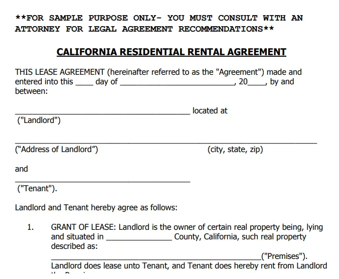 California Rental Agreement Free Printable
