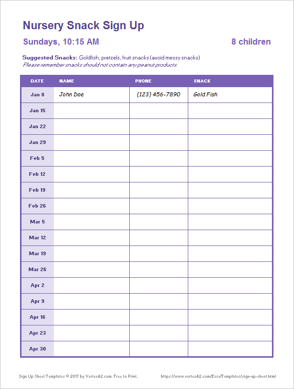 sign up sheet template