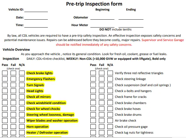 vehicle inspection checklist download