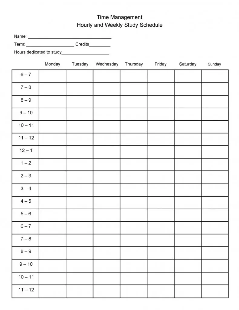hourly planner weekly Study schedule template