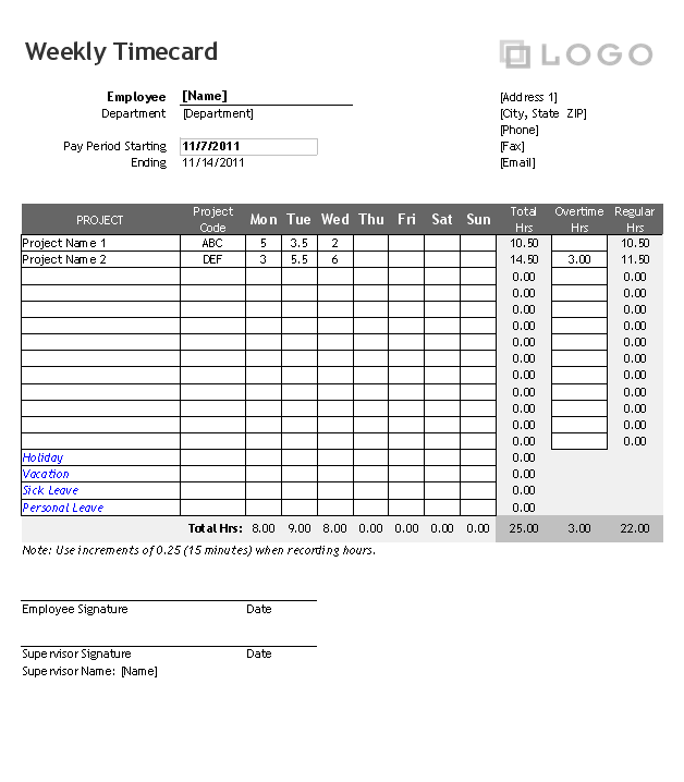 time card template to keep track of hours