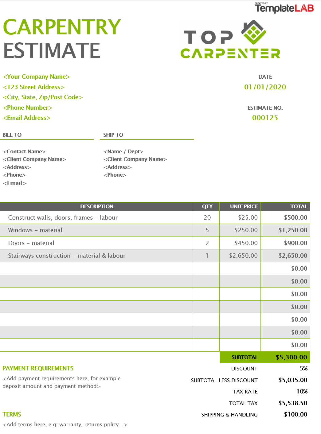 Carpentry Estimate Template - roofing estimate google sheets