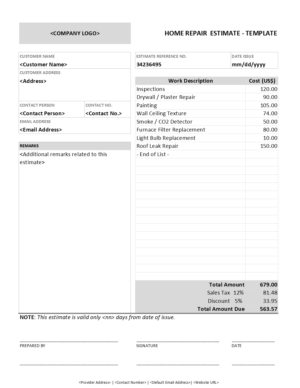 Home Repair Estimate Templates pdf