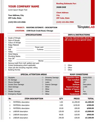 7 Roofing Estimate Template Editable Free Download Word Pdf