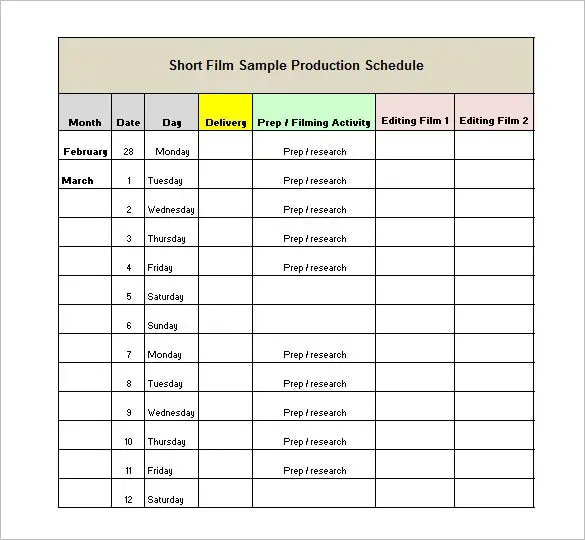 short film production schedule template