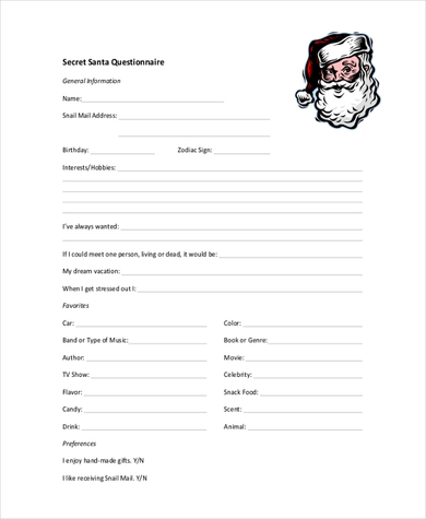 One-page secret santa questionnaire 