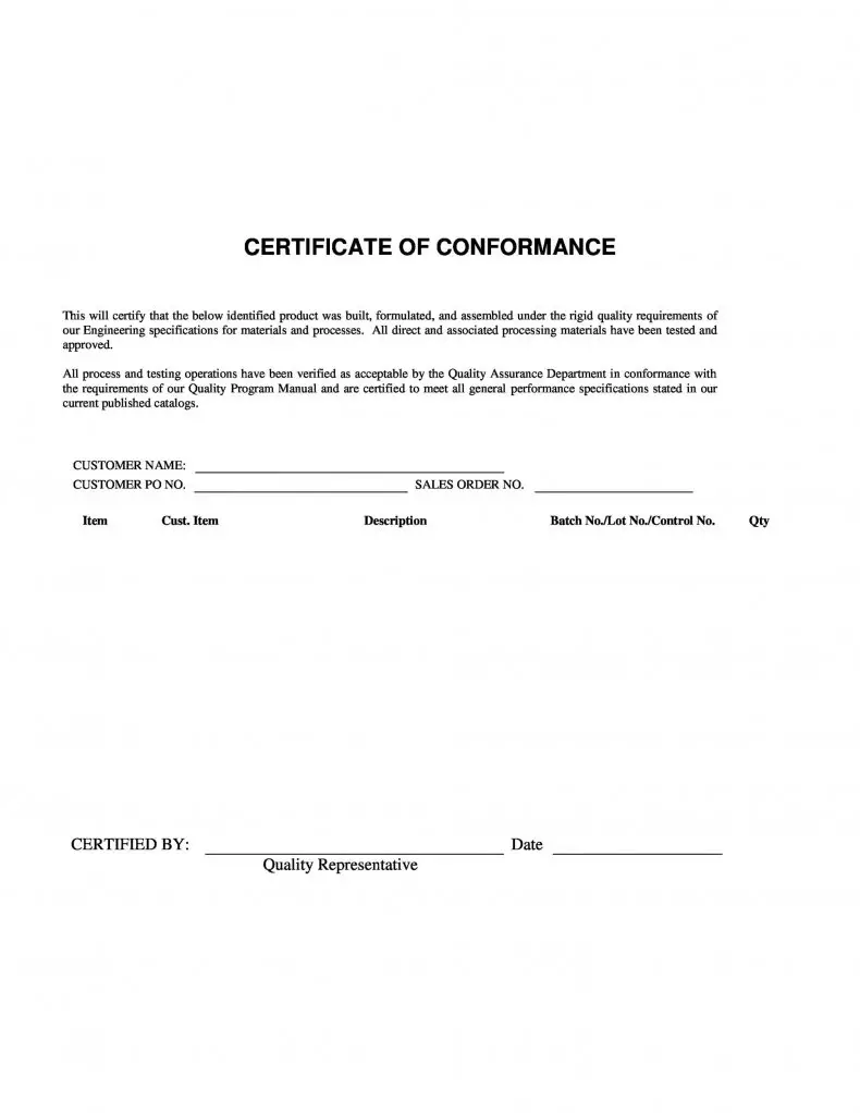 Certificate Of Manufacture Template