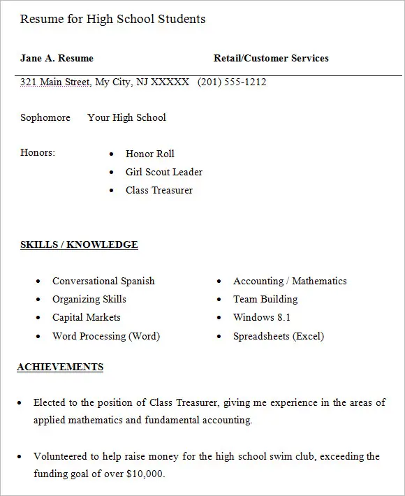 high school resume format for college application