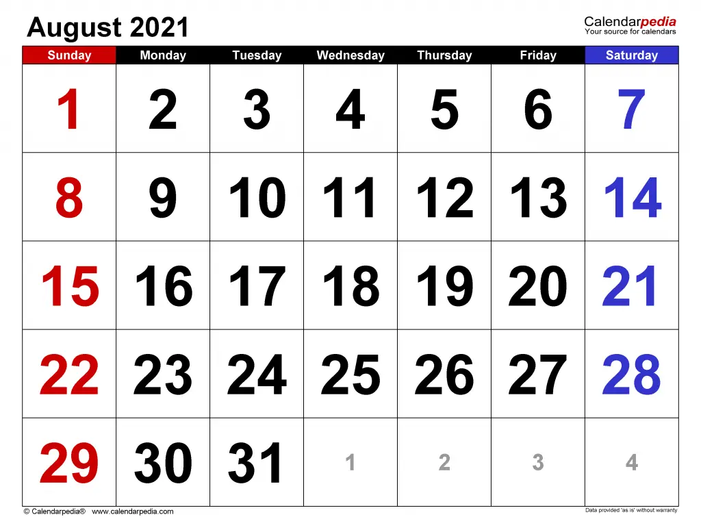 August calendar 2021