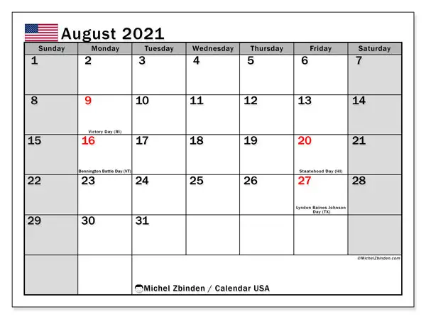 august 2021 holidays calendar usa